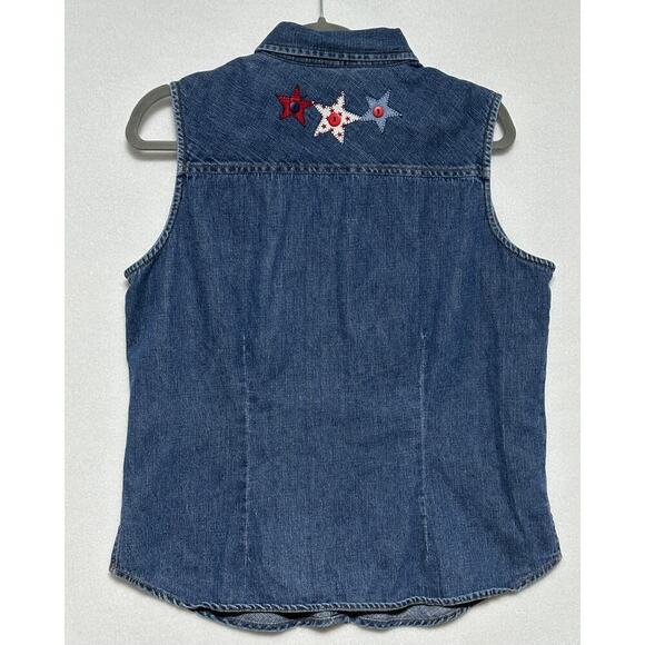 Large Women’s Vintage 90s Patriotic Denim Sleevless Red White Blue 4th of July - Picture 9 of 11